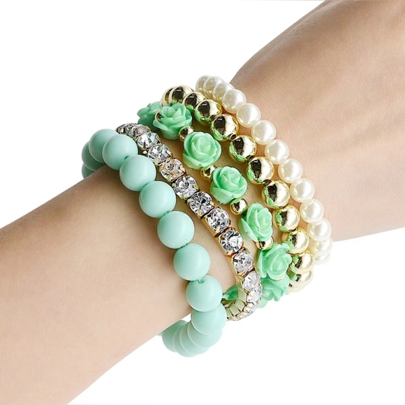 Five-piece gold-plated Crystal Teal Pearl stacked flower bracelets BOGO - Picture 3 of 15